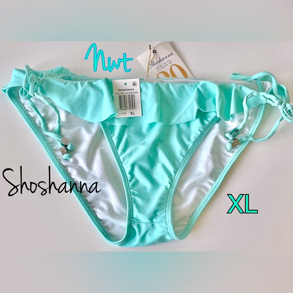 NWT (XL) Shoshanna aquamarine aqua sky ruffle trim side tie hardware bikini bots